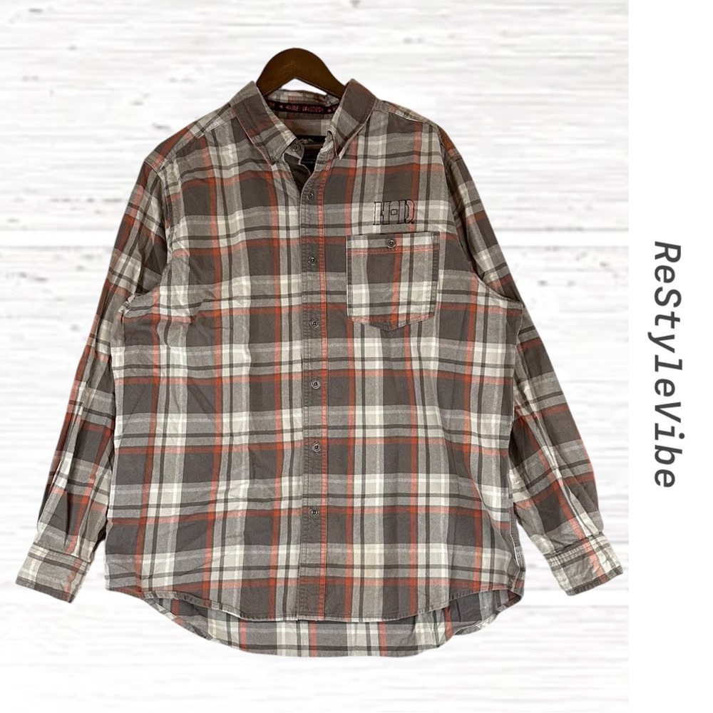 HARLEY-DAVIDSON Men’s Size XL Shirt Plaid Cotton Embroidery Genuine MotorClothes